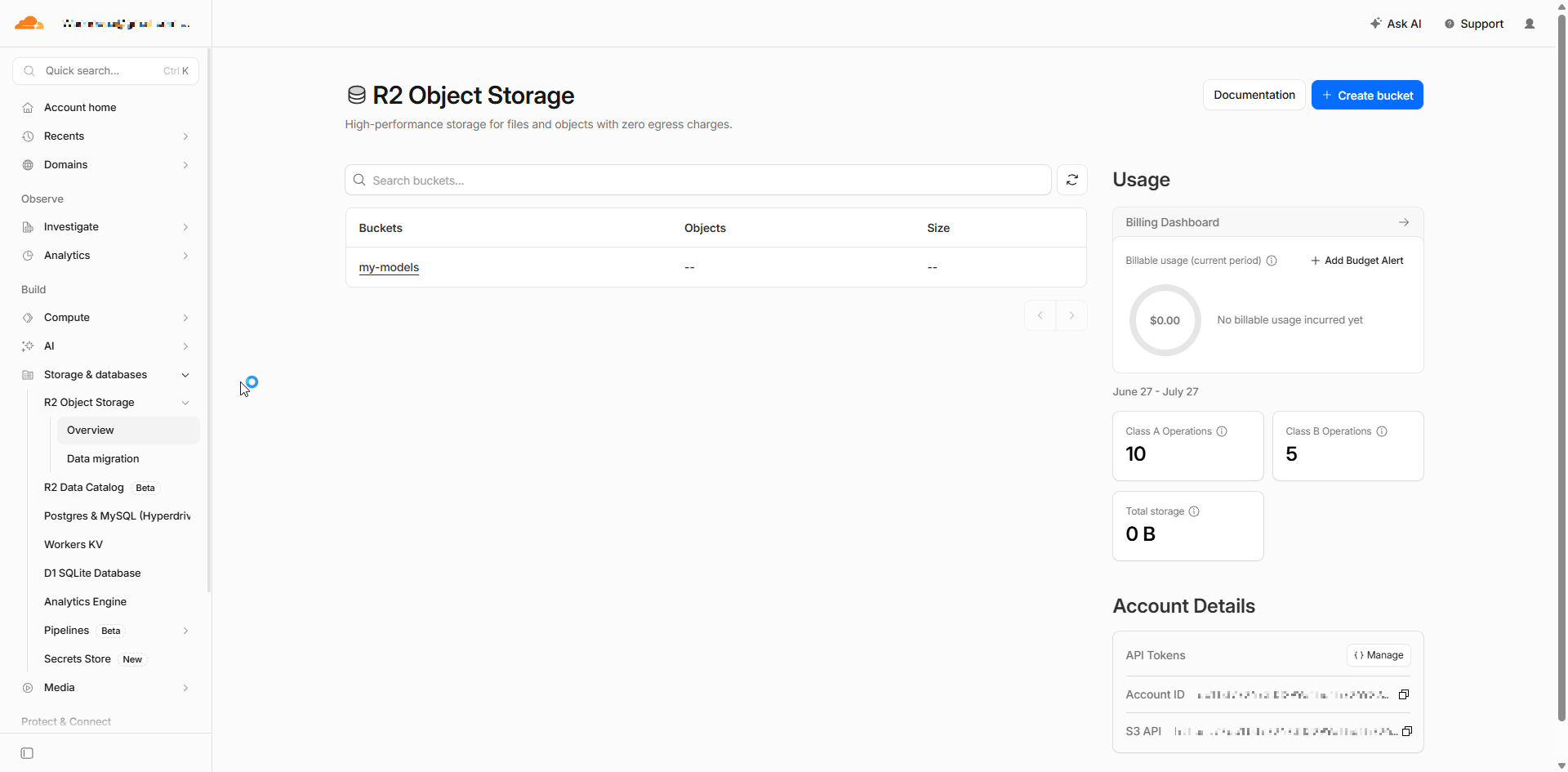 Cloudflare R2 Object Storage page showing the Create bucket button and a bucket named stlviewer-models