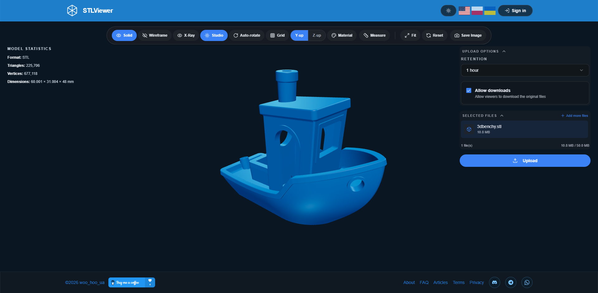 Dark theme interface STLViewer.online viewer in dark mode