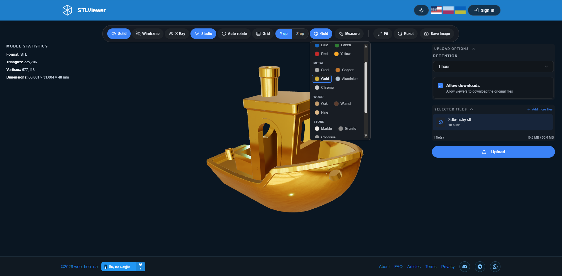 Set of material presets across six categories — metals, wood, stone, plastic, ceramic, and solid colors STLViewer.online material preset panel showing metal, wood, stone, and other texture options