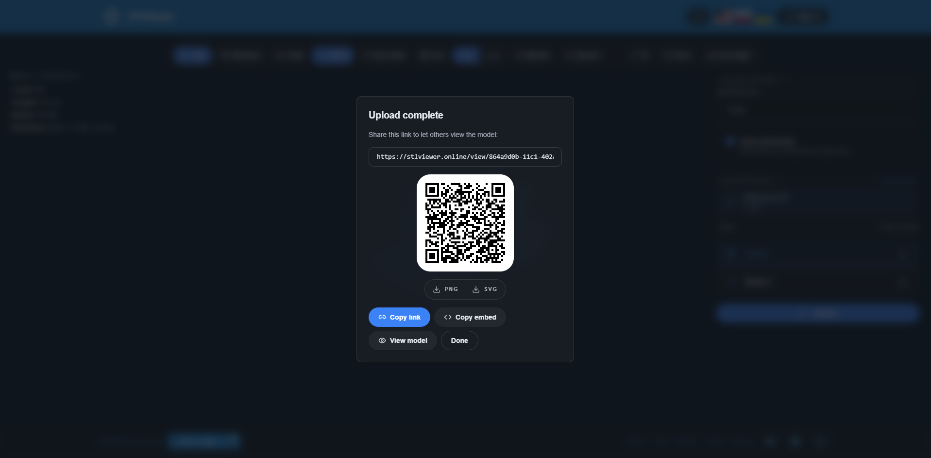 Share dialog with QR code, copy link, embed code, and expiry settings STLViewer.online share dialog showing QR code, share link, and embed options for a 3D model